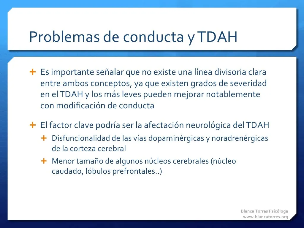 Problemas de conducta y TDAH. No hay una línea divisoria clara entre los dos conceptos: el TDAH tiene grados de gravedad y los casos más leves pueden mejorar mucho con modificación de conducta. El factor clave podría ser la afectación neurológica del TDAH: funcionamiento alterado de las vías dopaminérgicas y noradrenérgicas de la corteza cerebral y menor tamaño de algunos núcleos cerebrales (núcleo caudado, lóbulos prefrontales…).