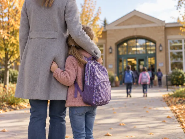 Niña con mochila abrazada a un adulto a la puerta del colegio, mientras otros niños entran