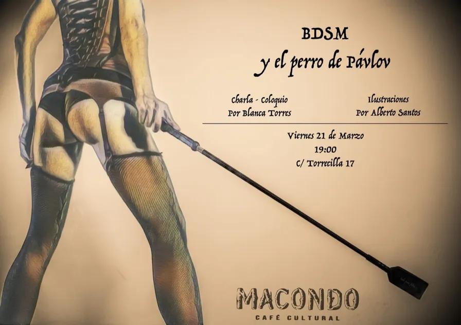 Cartel de la charla «BDSM y el perro de Pávlov» en Macondo Café Cultural