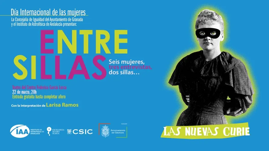 Cartel de «Entre sillas: las nuevas Curie», con Marie Curie con antifaz